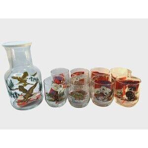 VTG Sunoco American Wildlife Collectible Glasses Set 8 Glasses Large Decanter